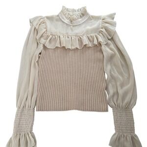 Ontwelth Mixed Media Ruffle Knit Top Beige Chiffon Balloon Sleeve M Office‎
